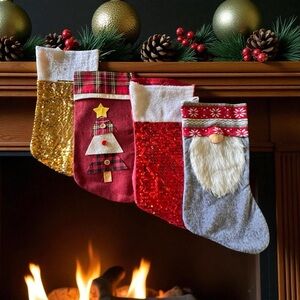 Christmas Stockings set of 4 2- sequin red/ gold 1-Gnome 1- Tree